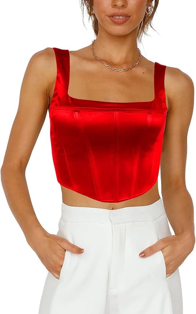 effeltch 女式紧身胸衣背心缎面紧身胸衣卡米方形领无袖可爱后背拉链